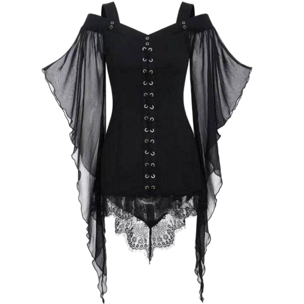 Black Butterfly Sleeve Gothic Shirt with Lace Trim